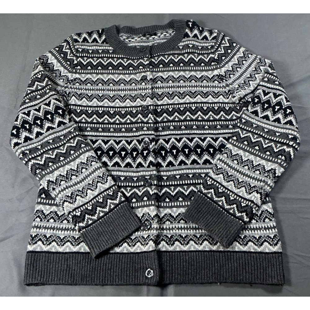 Talbots Fair Isle Beaded Cardigan Sweater Gray Lambswool Blend Small